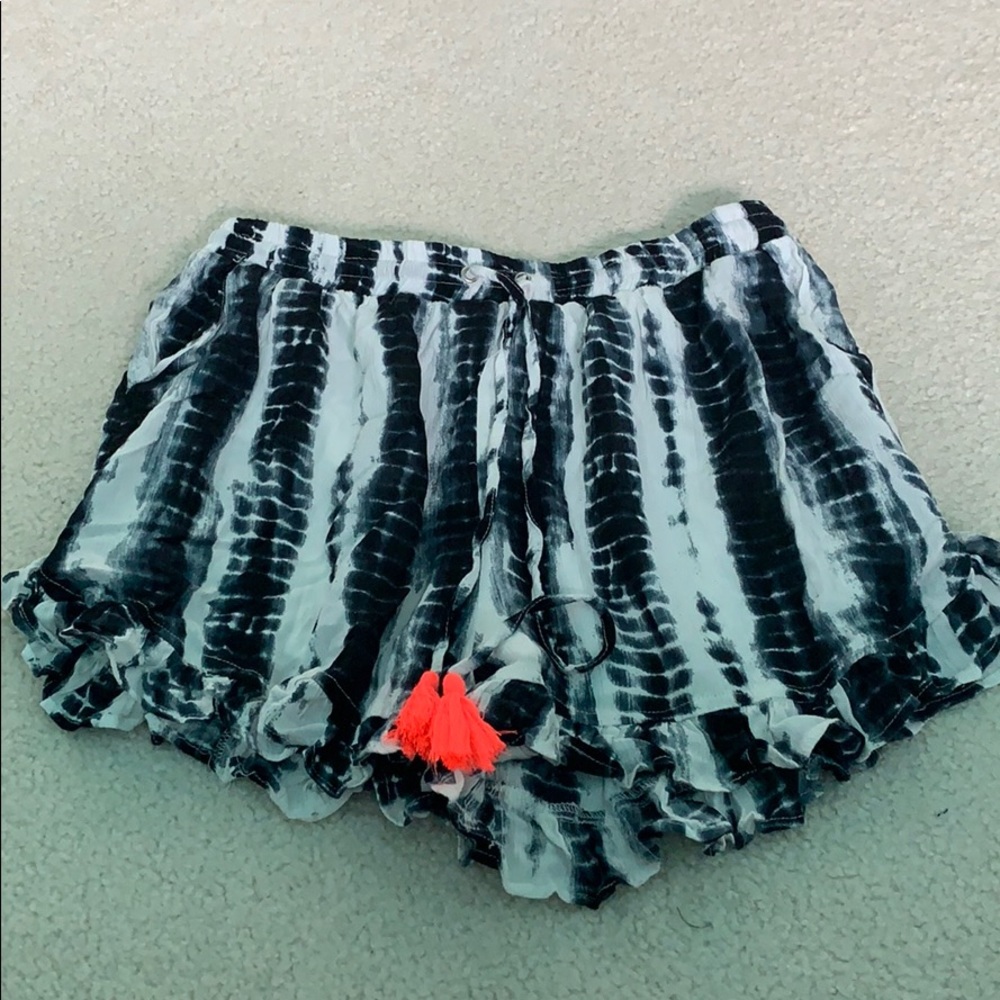 Blue Tie Dye flowy shorts with neon tassels!